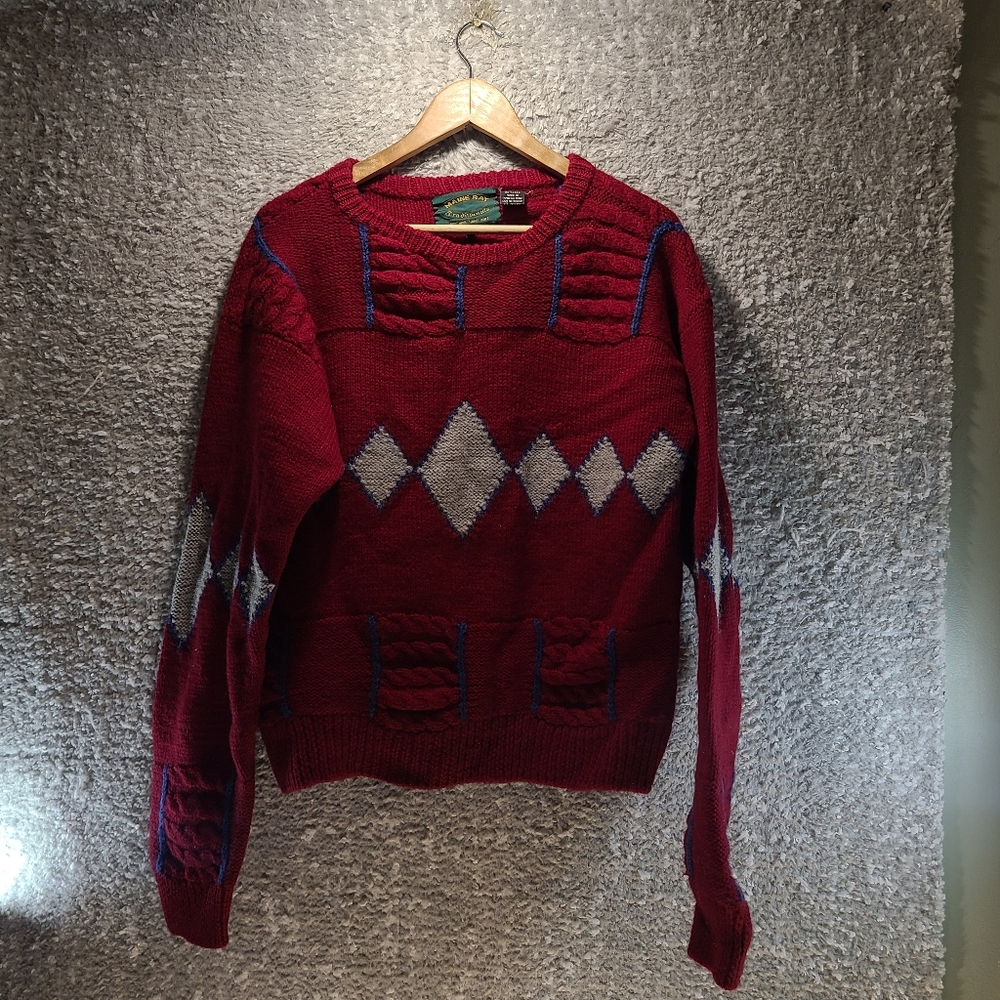 Maine Bay Traditionals Men Pullover Cable Knit Wool Hand Knit Medium Red Vintage